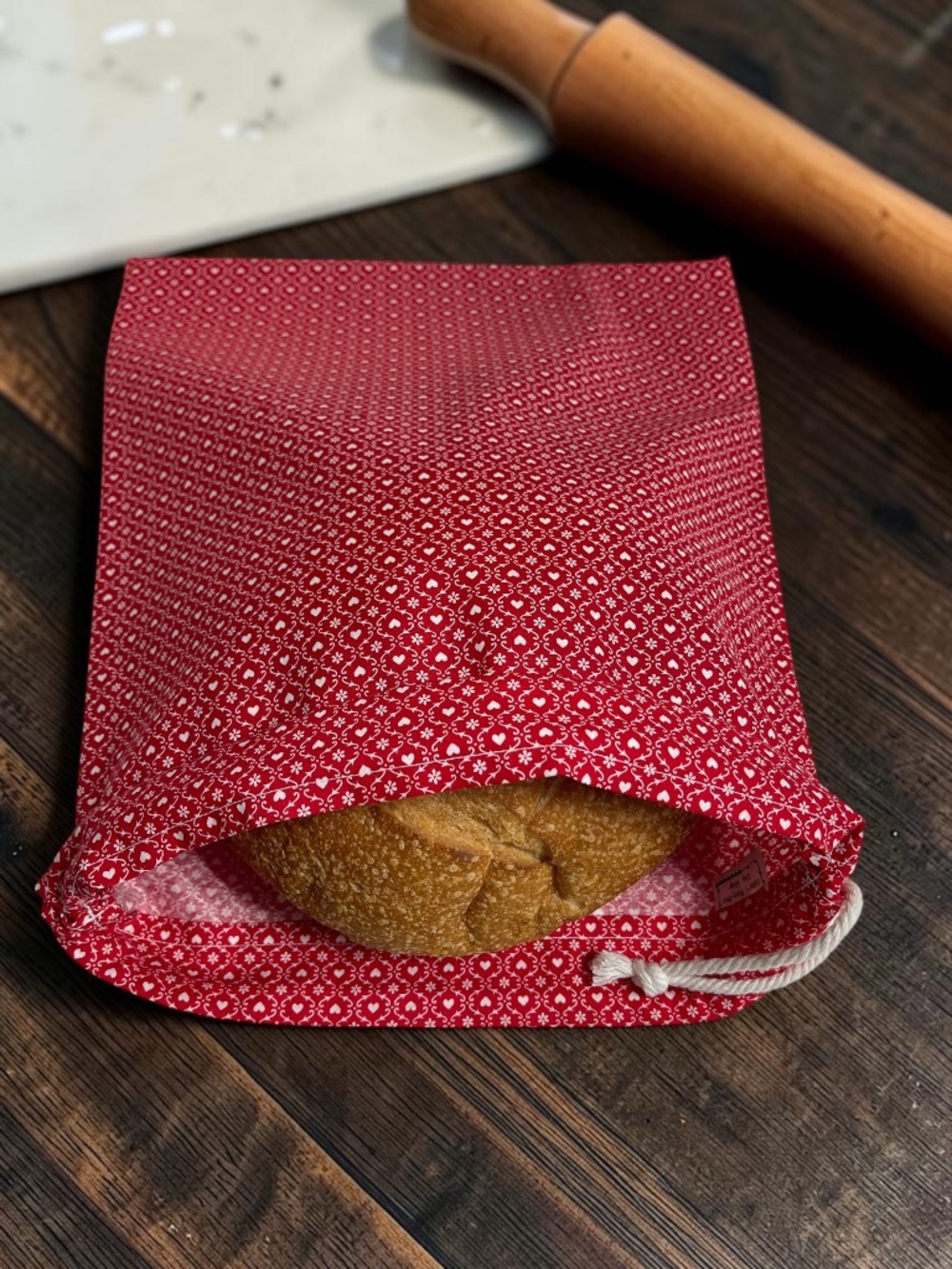 Red White Heart Cotton Bread Bag, Reusable Sourdough Bread Storage Bag